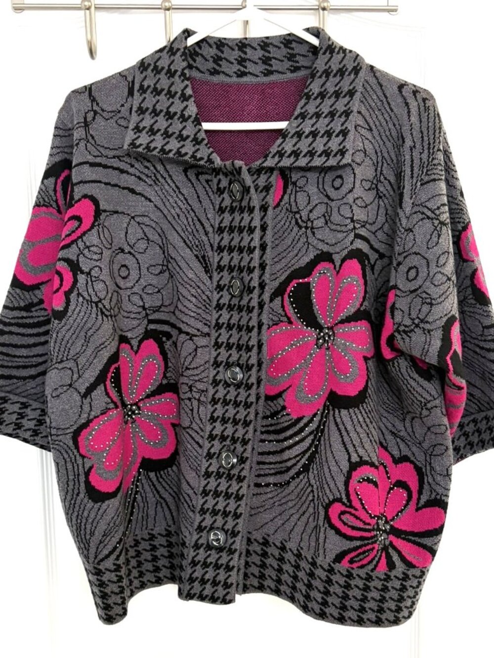 Grey Wool Cashmere Blend Floral Knit Cardigan Size 2X